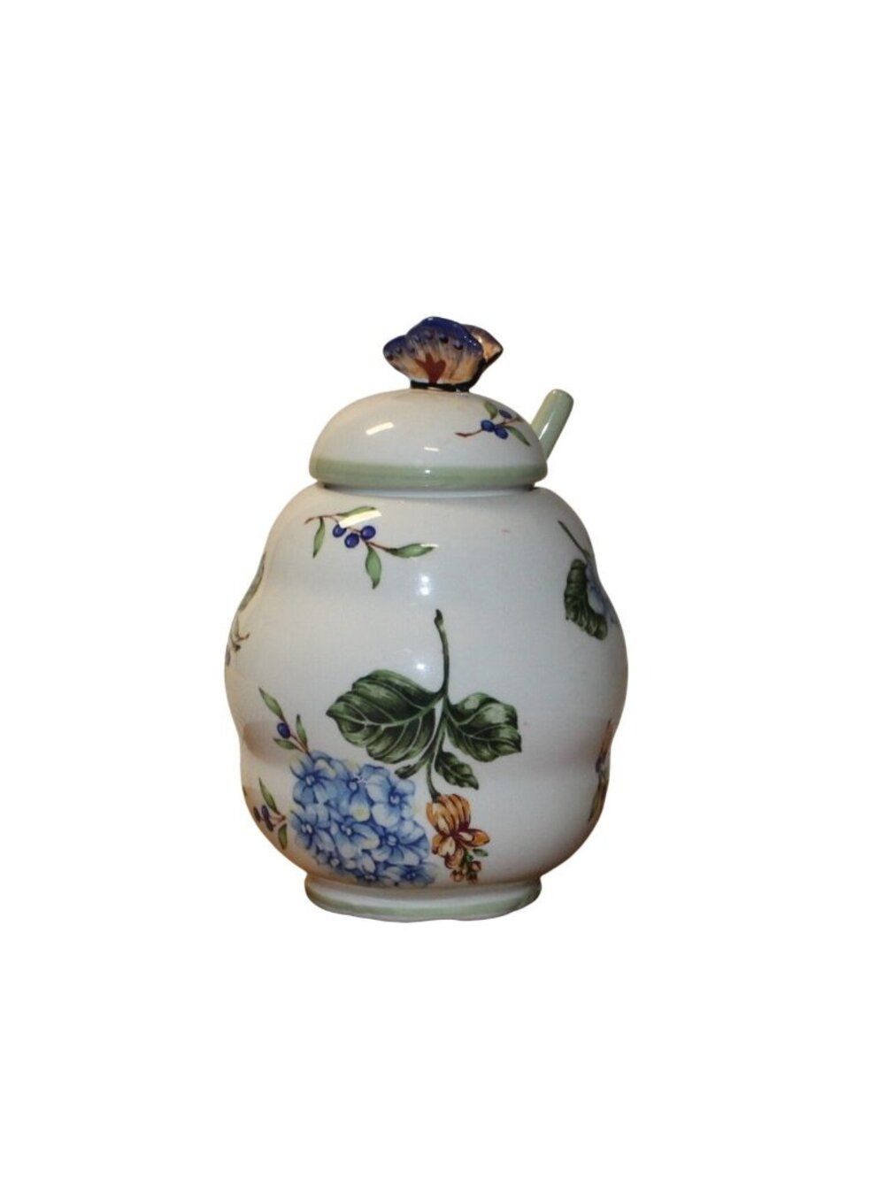 Vtg Garden Princess House Ceramic Honey Pot Lid & Spoon Floral Butterfly Retired